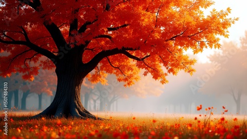 Golden autumn sunset paints the forest landscape with colorful leaves and trees.