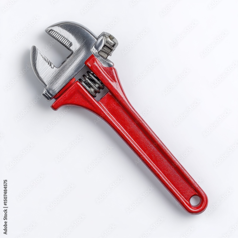 Obraz premium Red Handled Adjustable Wrench: Shiny Plumbing Essential for Home Repairs and DIY Projects