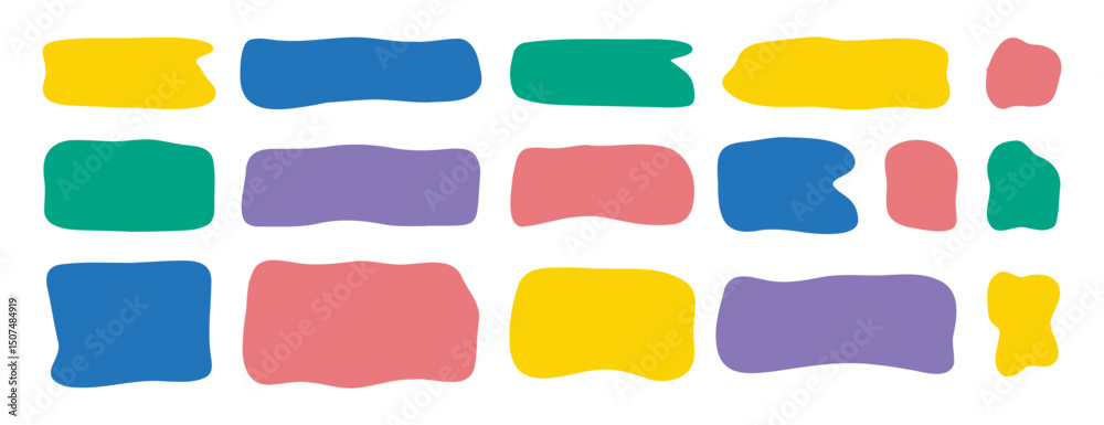 Fototapeta premium Hand drawn doodle organic colorful rectangle frame set. Abstract liquid shapes. freehand flat blobs. Irregular empty text box.
