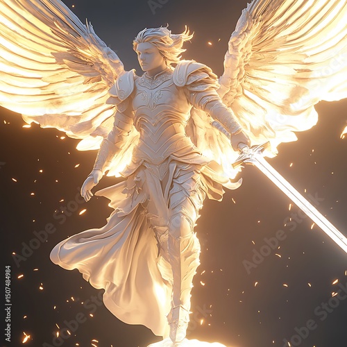 A majestic figure in gleaming armor and magnificent wings.