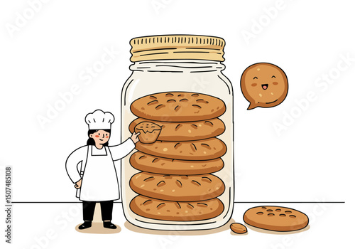 A charming baker proudly presents a giant jar overflowing with cookies, complete with a smiling cookie!  Warm, inviting, and perfect for food, treats, or bakery themes.