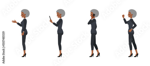 Business woman with afro hairstyle wear black suit character vector illustration design set. Women talk on phone.