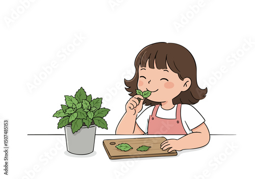 cheerful  girl enjoys the refreshing aroma of mint savoring a leaf  Bright inviting illustration with a focus on natural freshness and a playful mood Perfect for wellness food or lifestyle concepts