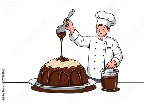 A cheerful baker elegantly drizzles ganache over a decadent chocolate cake. Professional, inviting, and perfect for food, dessert, or confectionery themes.