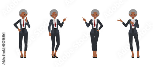 Business woman with afro hairstyle wear black suit character vector illustration design set. Women point finger.