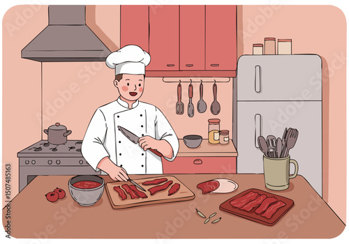 A cheerful chef demonstrates jerky crafting in a bright kitchen. Focused on the action, the image showcases a professional preparing food with clear composition and appealing colors.