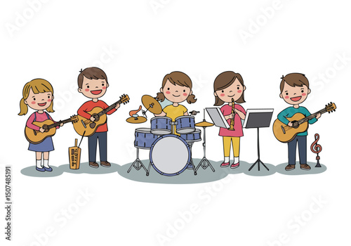 Cheerful children play music together in a vibrant, illustrated scene. A joyful music play concept with instruments and smiling faces. Perfect for educational or promotional materials.