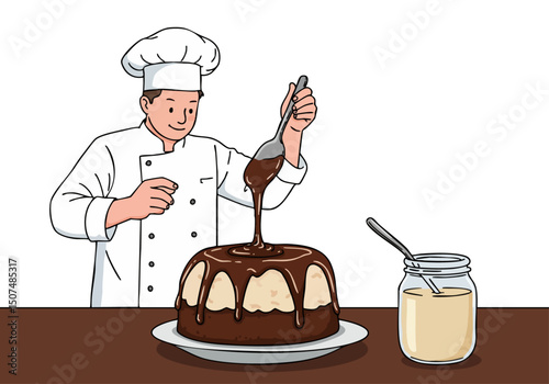 A smiling chef elegantly drizzles ganache onto a cake, showcasing a delicious dessert. Professional, inviting, and perfect for food-related visuals.
