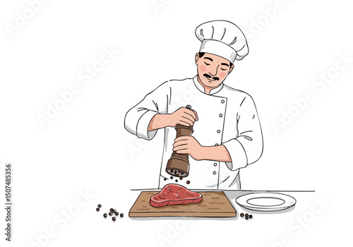 A chef expertly seasons a steak with pepper, showcasing culinary skill and fresh ingredients. Clean, professional composition for food and lifestyle visuals.