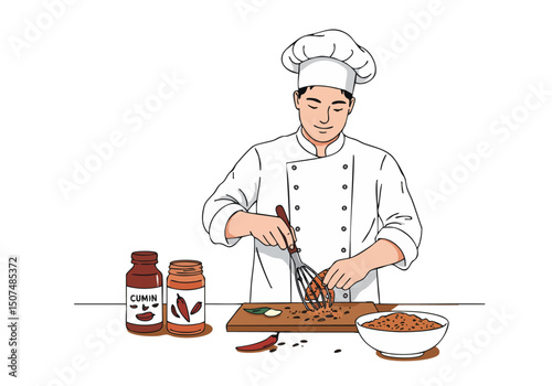 A chef meticulously crafts a cumin rub, showcasing culinary expertise. Warm tones and a professional setting highlight the spice blend. Perfect for food, cooking, and spice-related visuals.