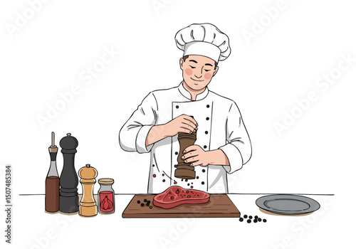 A smiling chef seasons a steak with pepper, showcasing culinary artistry. Clean, modern illustration with a focus on food and professional service. Perfect for food brands and restaurant marketing.