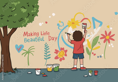 A child joyfully paints a colorful mural outdoors, spreading beauty. Bright, playful illustration perfect for positive campaigns.  Commercial use friendly.