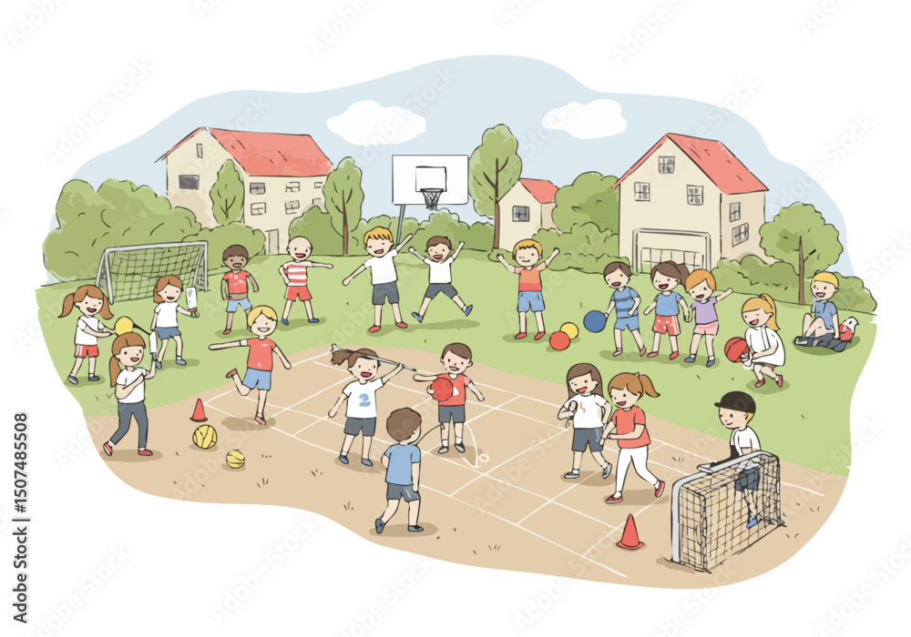 Fototapeta premium Children joyfully play sports outdoors in a vibrant neighborhood scene. Focus on freedom, fun, and childhood activity. Bright colors and a playful composition.