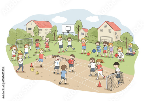 Children joyfully play sports outdoors in a vibrant neighborhood scene. Focus on freedom, fun, and childhood activity. Bright colors and a playful composition.