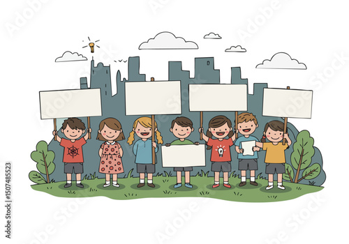 A colorful illustration depicts children holding signs protesting child labor. A rally scene with a cityscape backdrop. Bright, playful, and impactful design.