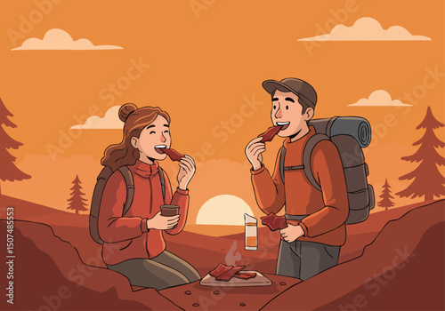 A couple enjoys a sunset jerky moment during a hiking trip. They share snacks against a scenic mountain backdrop, conveying a relaxed and joyful outdoor experience.