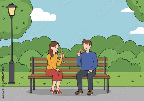 A couple enjoys a sweet snack on a park bench, sharing a moment of connection. Warm colors and a relaxed atmosphere create a charming scene.