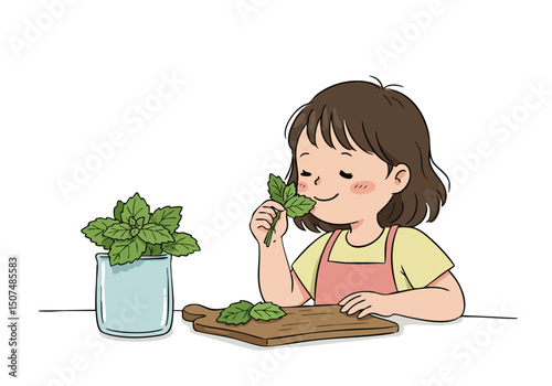 cute  girl enjoys the refreshing aroma of mint inhaling from a sprig  Bright cheerful illustration with a focus on natural freshness and a playful mood Perfect for wellness food or lifestyle themes