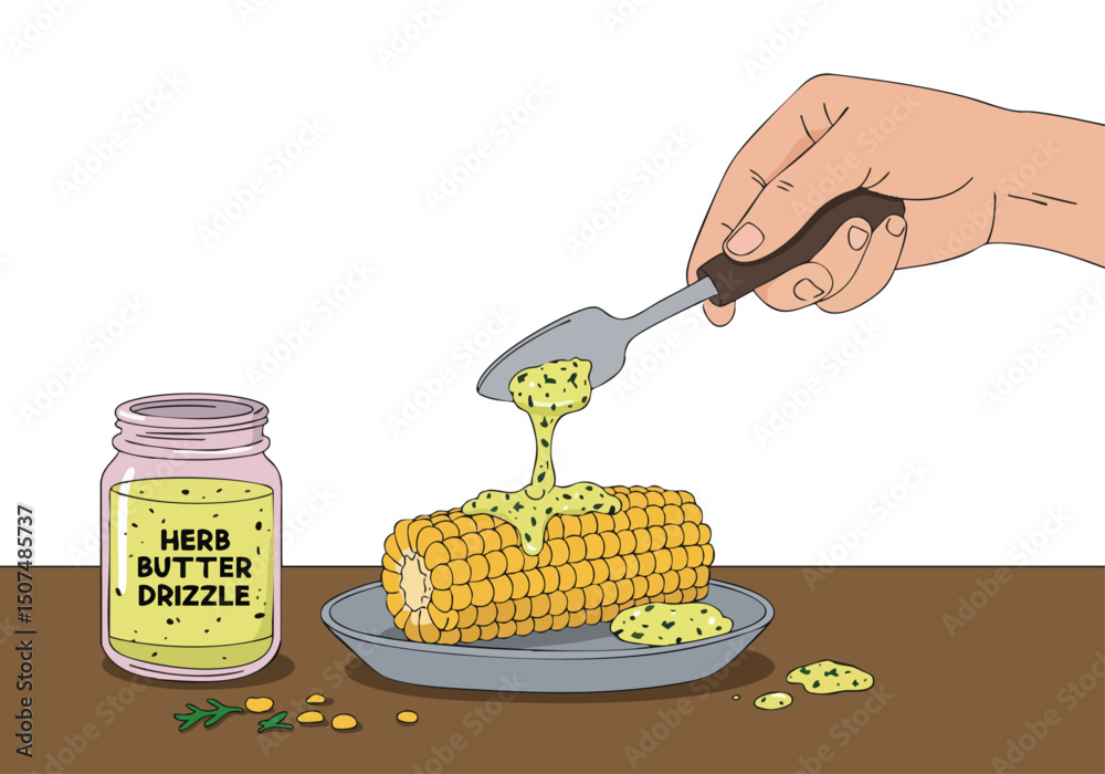A hand drizzles herb butter drizzle over grilled corn on the cob. Vibrant colors and a close-up shot showcase a delicious summer treat. Perfect for food and lifestyle imagery.