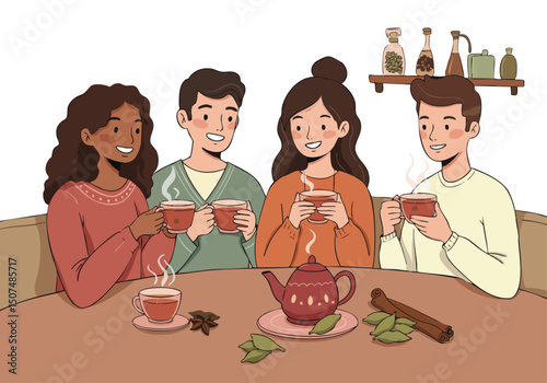 Four friends enjoy a cozy moment sipping tea with a teapot and spices. Warm tones and a relaxed atmosphere create a comforting scene. Perfect for lifestyle and wellness visuals.