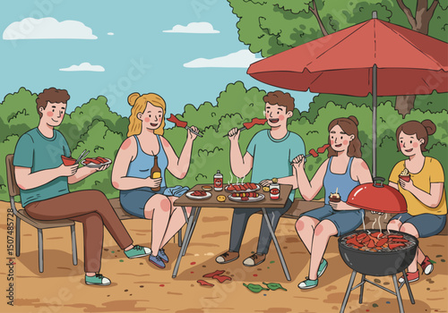 A group enjoys a BBQ jerky feast outdoors under a red umbrella. Friends relax and grill, creating a vibrant summer scene. Perfect for lifestyle and food marketing.