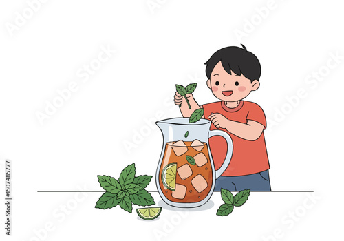 A happy young boy playfully adds fresh mint to a pitcher of iced tea. Bright, cheerful illustration with a clean, modern style. Perfect for refreshing drinks and summer themes.