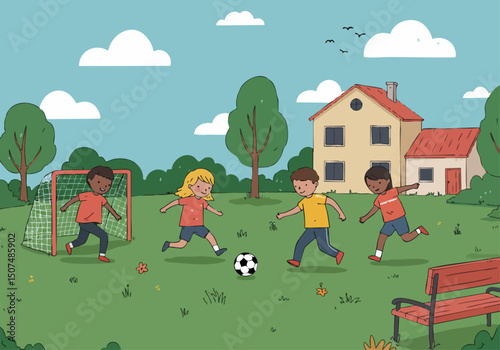 Four children play soccer in a sunny park, enjoying a carefree day. A house and trees form a picturesque backdrop. ?Play Fre-Spirit? logo featured.