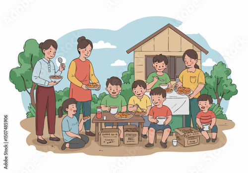 A heartwarming scene of a family sharing a meal together outdoors. Diverse children and adults enjoy a communal meal, fostering connection and care. Bright, cheerful illustration.