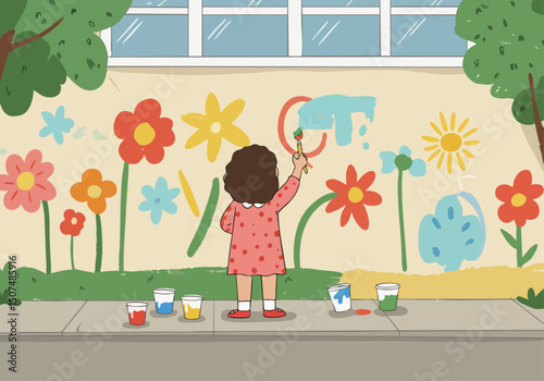 A joyful child paints colorful flowers on a wall, surrounded by paint pots. Bright, playful illustration with a heartwarming message. Perfect for children's themes and positive vibes.