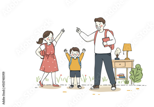 A joyful family celebrates school return with a teacher. Bright, playful illustration depicting learning and family support. Perfect for educational and anti-child labor campaigns.