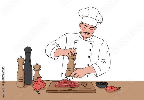 A professional chef expertly seasons a steak with pepper, showcasing culinary flair. Warm tones and a rustic setting create a delicious visual.