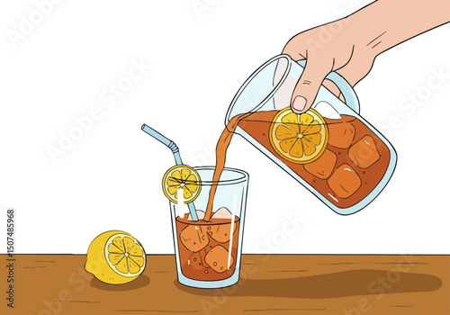 A refreshing cool lemon sip is poured into a glass with ice. Bright, cheerful illustration perfect for summer drinks and lifestyle content.