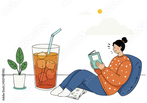 A relaxed woman enjoys a refreshing drink and a good book. Soft colors, a cozy setting, and a peaceful mood create a calming visual.
