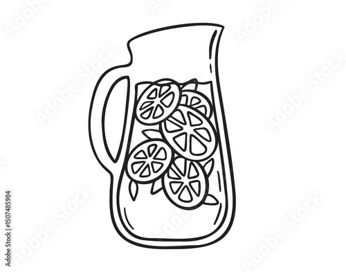 glass jug with lemonade. fresh lemon drink icon doodle hand drawn. Outline lemonade line drawing clipart symbol