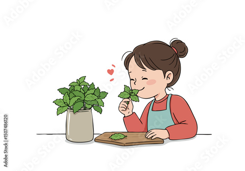 A young woman enjoys the refreshing aroma of mint, showcasing a calming lifestyle moment. Soft colors and a simple composition create a visually appealing image for wellness and aromatherapy themes.