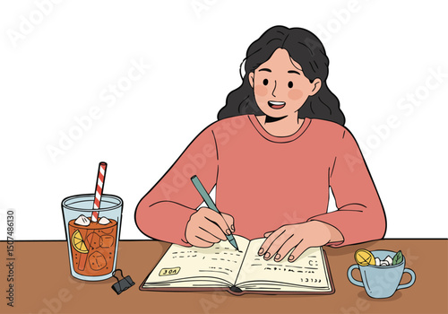 A young woman happily writes in a recipe book while enjoying iced tea. A cozy, creative scene with a focus on food and lifestyle. Soft colors and a relaxed mood.