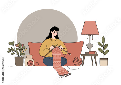 A woman knits a scarf on a cozy sofa, bathed in warm light. A peaceful, relaxing scene evokes comfort and handmade gifts. Soft colors and a simple composition create a welcoming image.