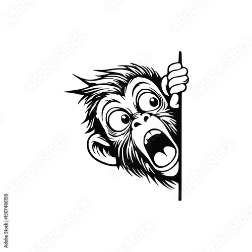 Vector art of Surprised monkey peeking from behind a wall isolated on white background