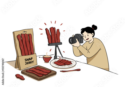 A woman photographs a stack of jerky, showcasing a delicious food product. Warm lighting and a cozy setting create an appealing visual for food marketing.