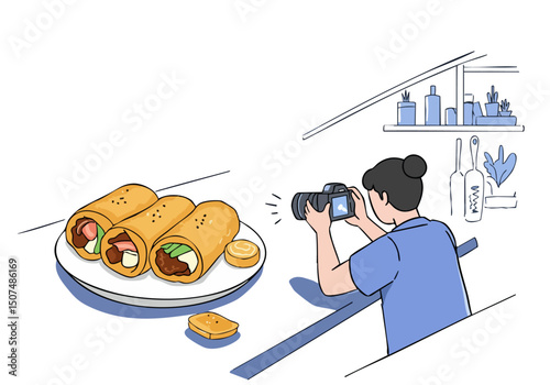 A woman photographs food art on a plate. Clean composition, bright colors, and a professional setting. Ideal for food blogs and social media.