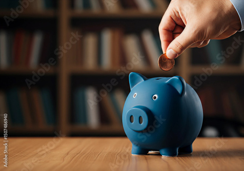 piggy bank, child saving money, mint green, glossy ceramic, rustic oak table, coin slot, golden snout, financial concept, sunlight indoors, shallow depth of field