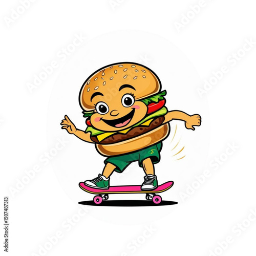 cartoon burger mascot skateboarding
