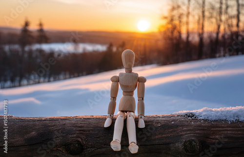 A wooden mannequin sits quietly by a melting lake at sunset, its reflection mirrored in the still water, evoking solitude and contemplation in a winter landscape...