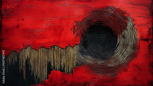 Abstract art featuring bold red hues with black and gold circular patterns, creating a dynamic visual contrast and depth.