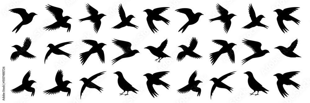 Naklejka premium Flying wild animal and bird silhouettes, a vector set of nature's icons with wings against the sky