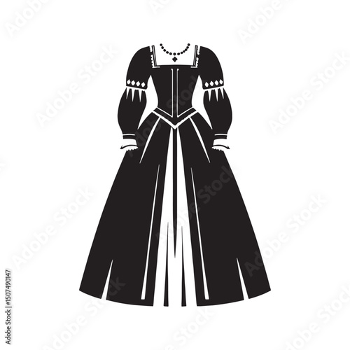 Clean tudor gown silhouette rendered in precise vector format – tudor gown silhouette – tudor gown vector – tudor gown illustration – ladies dress silhouette – silhouette of tudor gown

