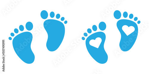 Baby footprint in the heart.Vector stock illustration for poster. Symbol of pregnancy or childbirth.White baby footprints in black heart.Baby footprints inside of  heart. Pink and Blue Baby Footprint.