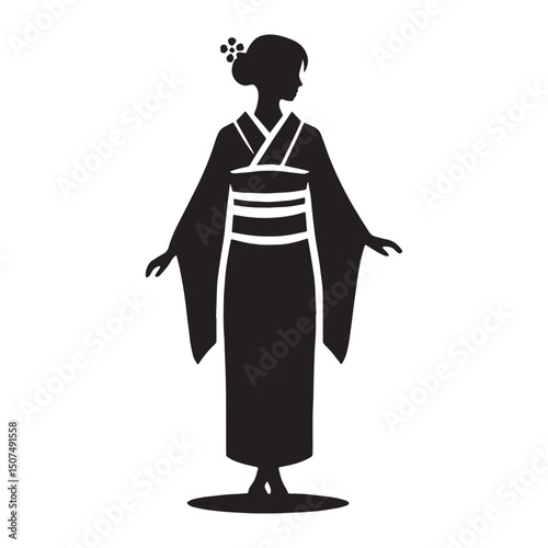 Flat yukata layout in bold silhouette – yukata silhouette – yukata vector – yukata illustration – japanese dress silhouette – ladies dress silhouette – silhouette of yukata

