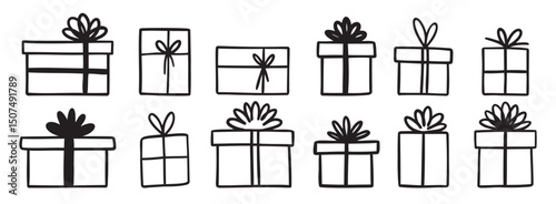 gift box doodle. Gift doodle bow present with ribbon illustration. Present hand drawn icon decorative outline element