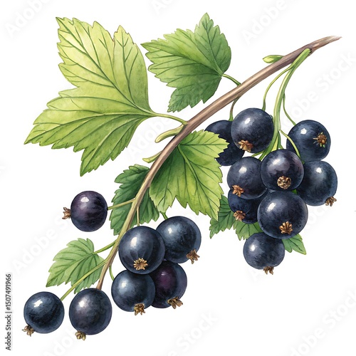 Blackcurrant Branch with Lush Berries Watercolor Illustration